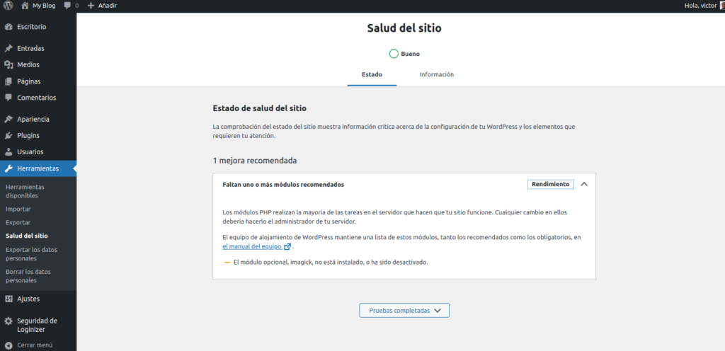 Ventana de salud del sitio en WordPress