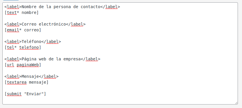 Campos de texto en Contact Form 7, ejemplo desde la pestaña Form